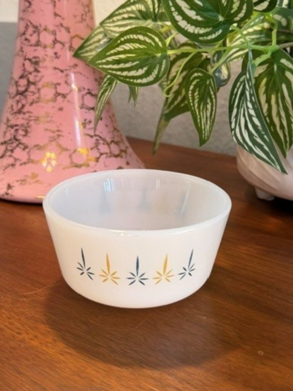 Fire King Candle Glow Milk Glass Custard Cup Prep Bowl Blue Gold 4" Vintage